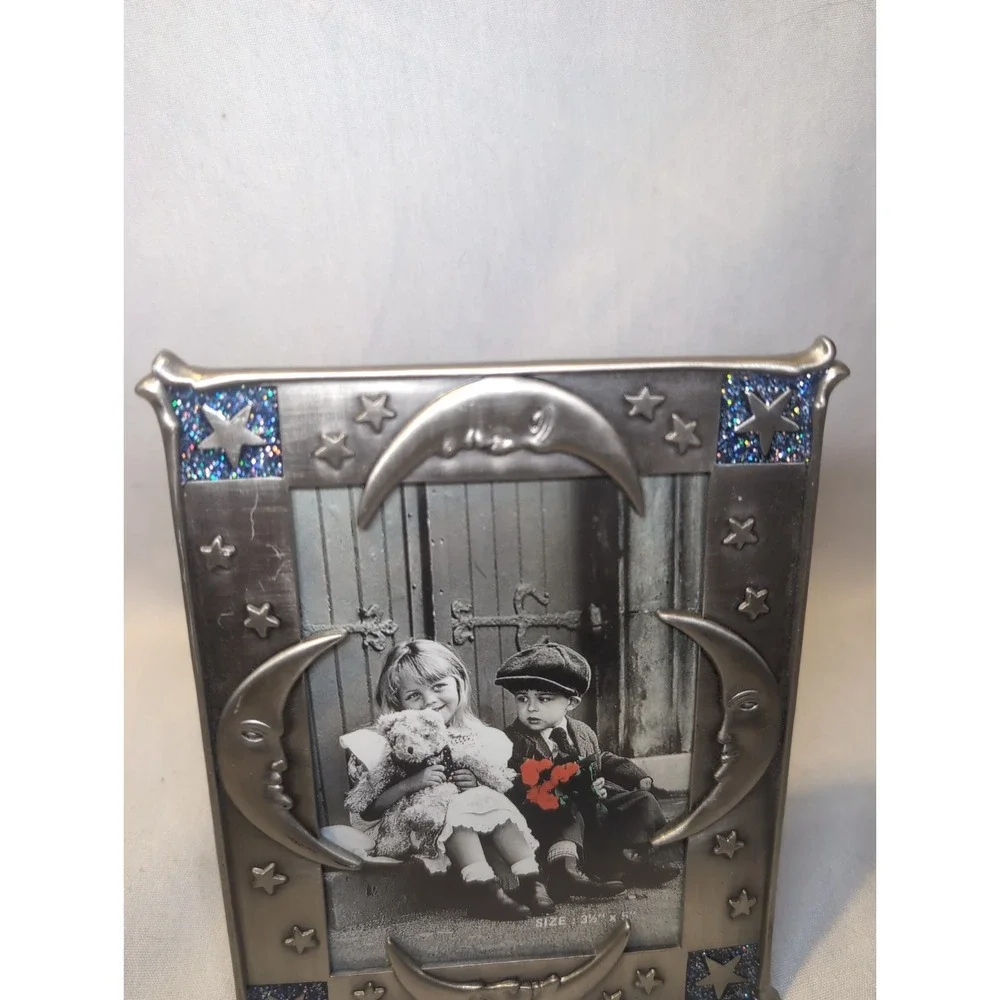 Celestial Picture Frame Table Top Crescent Moons & Stars Pewter Tone 3.5x5